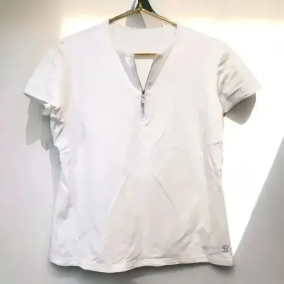 Sofibella White Short-Sleeved Half Zip Collarless Golf Shirt~$74 - Picture 4 of 11